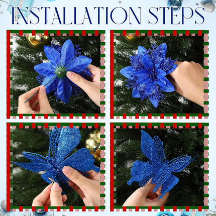 122 Pcs Christmas Glitter Poinsettia Artificial Flowers Berry Picks Butterfly Christmas Tree Ornaments 3 Styles Poinsettia kit with Clip for Xmas Wreath Home Tree Decor(Royal Blue)