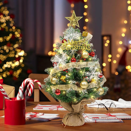 Tabletop Christmas Tree, 24 Inch Mini Artificial Christmas Tree with LED String Lights, Star Tree Topper, and Hanging Ornaments, Small Christmas Tree with Lights for Holiday DIY Christmas Decorations