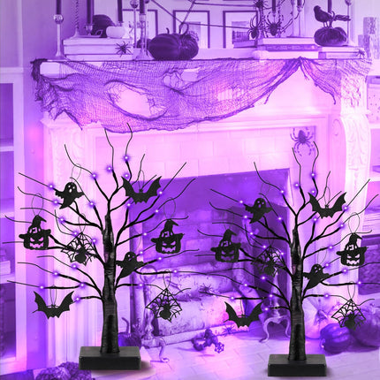 2 Pack 24 Inch Black Halloween Tree with 24 LED Purple Lights, Timer/USB/Battery Operated Halloween Table Decorations Lighted Tree, Cute Halloween Decorations Indoor Halloween Home Decor Party Room