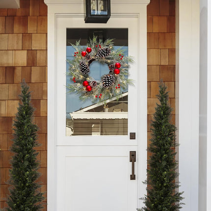 Christmas Wreath with Lights 24 Inch PreLit Christmas Wreaths for Front Door with Large Pinecones and Snowy Flocked, Battery Operated 40 LED Lights, Holiday Decoration for Fireplace Xmas Decor