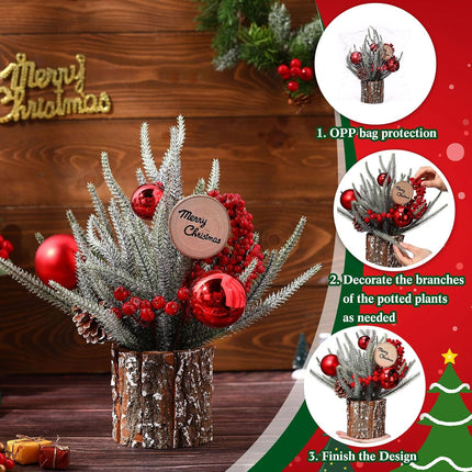 Zhehao 12'' Small Christmas Tree Artificial Mini Tabletop Christmas Tree Decorations with Red Ball Red Berry Pine Cone Greenery Wood Signs Portable Christmas Decor for Party Holiday Fireplace