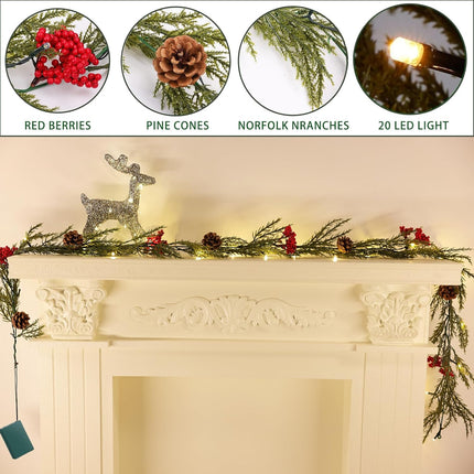 6FT Christmas Garland Artificial Red Berry Greenery Norfolk Pine Garland String Lights with 20 LED Light for Indoor Outdoor Home Mantle Xmas Holiday