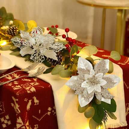 24Pcs 3 Styles 6 inch Poinsettias Artificial Christmas Flowers, Glitter Christmas Tree Decorations, Floral Ornaments for Home/Party, Xmas Decor Flowers with Clips and Stems, Champagne Gold