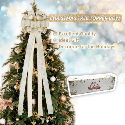 Champagne/White Christmas Tree Topper Bow, 53"x 13" Large Handmade Decorative Bows with Long Streamer Glitter Snowflake Wired Ribbon for Christmas Tree Home Decoration