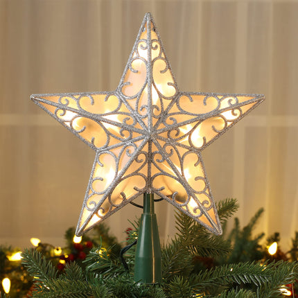 Brizled 9.5” Christmas Star Tree Topper, Glittered Silver Treetop Star, 3D Star Christmas Tree Topper with 10 Lights, UL Lighted Xmas Tree Topper for Christmas Tree Decorations