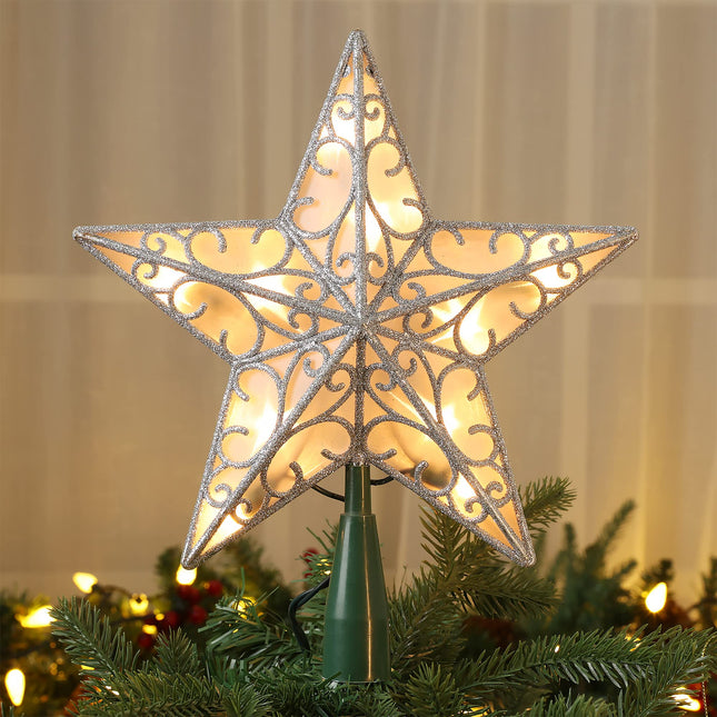 Brizled 9.5” Christmas Star Tree Topper, Glittered Silver Treetop Star, 3D Star Christmas Tree Topper with 10 Lights, UL Lighted Xmas Tree Topper for Christmas Tree Decorations