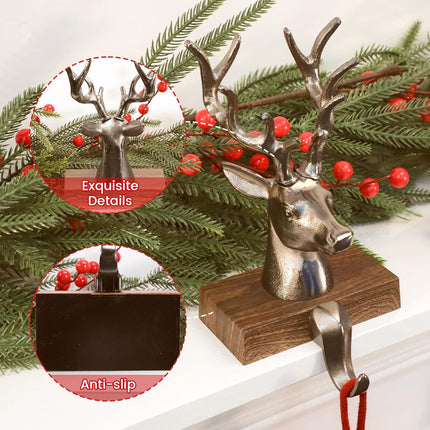 Christmas Stocking Holders for Mantle 3D Reindeer Stocking Hangers Hooks Mantel Garland Clips Metal Grips for Xmas Fireplace Decorations (Black)
