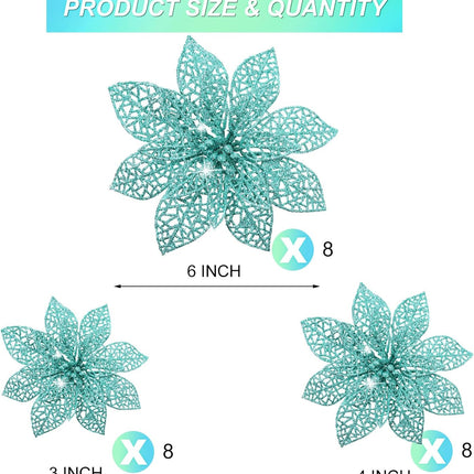 Boao 24 Pieces Christmas Poinsettia Tree Ornament Flowers Christmas Decor Glitter Ornament, 3/4/6 Inches(Blue-Green)