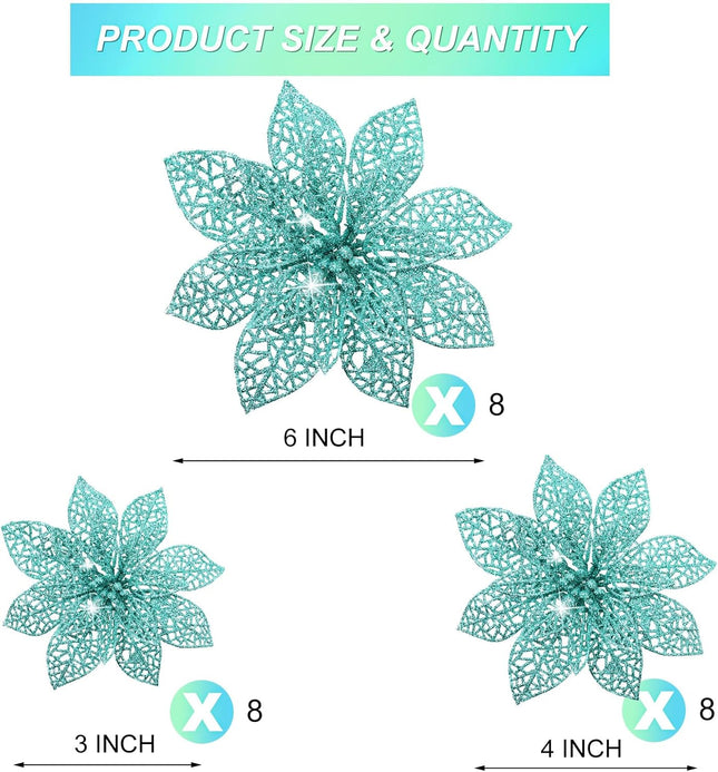 Boao 24 Pieces Christmas Poinsettia Tree Ornament Flowers Christmas Decor Glitter Ornament, 3/4/6 Inches(Blue-Green)