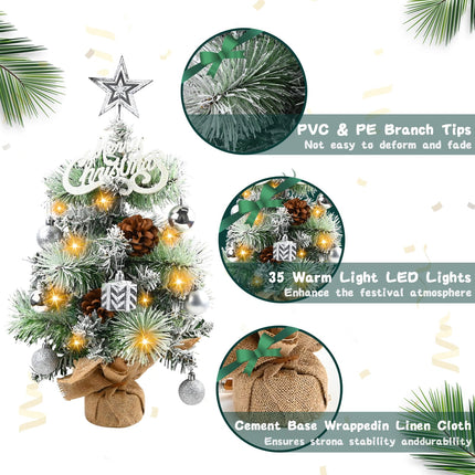 Mini Christmas Tree with Lights，22" Small Christmas Tree with Lights, Startree Topper, Merry Christmas Alphabet, Pine Cones, Hanging Balls for Tabletop, Xmas Decor