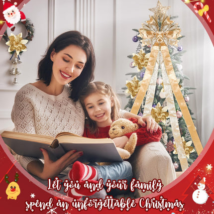 Christmas Tree Topper Bow Set Include 12 Pcs Artificial Poinsettia Flowers and Large Velvet Bow with Long Streamers Sun Flower Shape Bow for Xmas Indoor Party Decor(Champagne Gold)