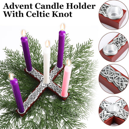 Christmas Advent Candle Holder Rustic Wood Cross Advent Wreath Jesus Nativity Candle Holder with Metal Celtic Knot Religious for Home Church Advent Christmas Holy Tabletop Centerpiece Decor