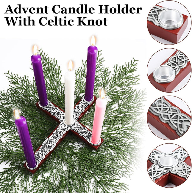 Christmas Advent Candle Holder Rustic Wood Cross Advent Wreath Jesus Nativity Candle Holder with Metal Celtic Knot Religious for Home Church Advent Christmas Holy Tabletop Centerpiece Decor
