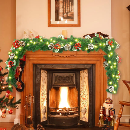 6FT Lighted Christmas Garland, Prelit Christmas Garland Indoor Outdoor Battery Operated Garland with Lights Pine Cones Berries Green Mantle Garland Christmas for Staircase Fireplaces