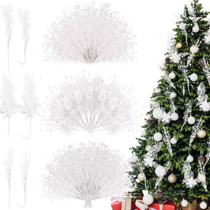 XunYee 60 Pcs Christmas Picks and Sprays for Tree,3 Styles Glitter Artificial Christmas Berry Stem Xmas Tree Filler Branch Ornaments Bead Stick for Christmas Tree Wreath Garland Decor(White)
