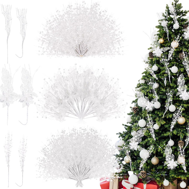 XunYee 60 Pcs Christmas Picks and Sprays for Tree,3 Styles Glitter Artificial Christmas Berry Stem Xmas Tree Filler Branch Ornaments Bead Stick for Christmas Tree Wreath Garland Decor(White)