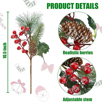 Sggvecsy 6 Pack Snow Frosted Christmas Berries Pine Picks Artificial Red Berry Pine Branches Frosted Faux Pine Stem with Pine Cones Holly Berry Leaves for Xmas Tree Wreath DIY Craft Holiday Decor