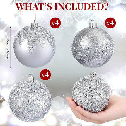 Syhood 12 Pieces Glitter Christmas Ball Ornaments Rhinestone Sequin Christmas Ball Decorations Hanging Plastic Balls for Xmas Trees Wedding Party Holiday Decorations (Silver,3.15 Inch)