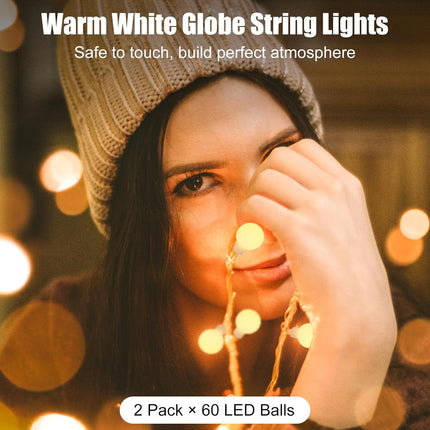 2 Pack Globe String Lights Battery Operated - 21 Feet 60 Led Fairy Lights, 8 Modes with Remote Mini Globe Lights for Indoor Outdoor Bedroom Party Wedding Garden Christmas Tree Decor, Warm White