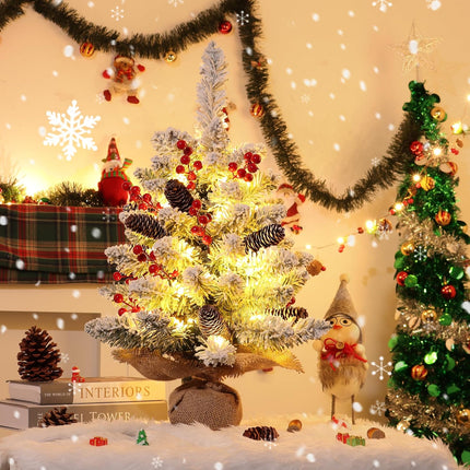 24 Inch Snow Flocked Pre-lit Christmas Tree Tabletop Decor with 50 Warm Lights Timer 8 Modes Battery Operated Artificial Small Christmas Tree 70 Red Berries Pinecones Christmas Decorations Home Indoor