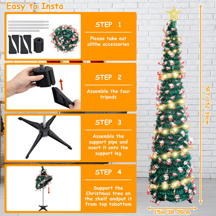 Artificial Christmas Tree, Pencil Christmas Tree with 50 LED Lights and 1 Christmas Tree Topper Star Skinny Christmas Tree for Indoor Outdoor Christmas Decorations (Santa Claus, 5FT)