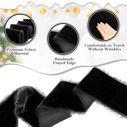 Preboun 4 Rolls Silk Velvet Ribbon for Wrapping 24 Yards Total Frayed Edge Velvet Ribbon for Christmas Wedding DIY Crafts Wreaths X-Mas Tree Decor(Black,2 Inch)