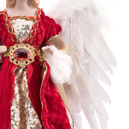 Redrubbit 16 inches Christmas Angel Tree Topper with Feather Wings in Luxury Red Velvet Sequin Dress, Christmas Treetop Flying Angel Winged Diva Fairy Goddess Figurine Holiday Ornament
