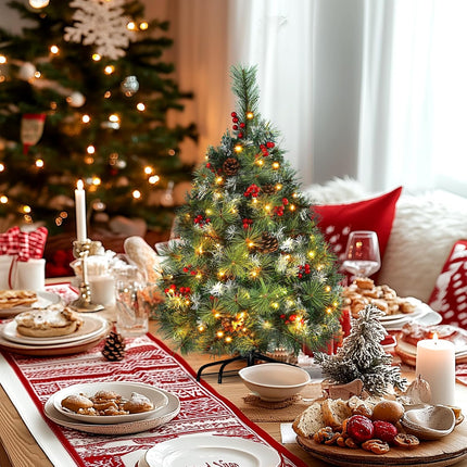 3FT Christmas Tree - Flocked Xmas Tree with 70 LED Lights & 8 Modes, Lifelike Pine Branches, Decorated with 10 Red Berries & 10 Pine Cones, Small Tabletop Christmas Tree for Home Apartment Office Dorm