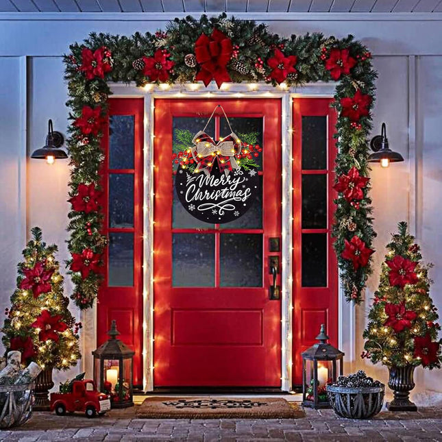 Christmas Door Sign for Christmas Decorations, Lighted Christmas Wreaths for Front Door, Farmhouse Wooden Hanging Merry Christmas Sign with 30 LED Lights for Indoor Outdoor Porch Wall Window Decor