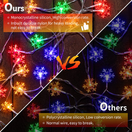 Solar Christmas Snowflake String Lights 100 LED 39 FT Outdoor Waterproof Fairy Lights with 8 Lighting Modes for Wedding, Party, Tree, Room, Garden, Patio, Yard, Home, Multicolor