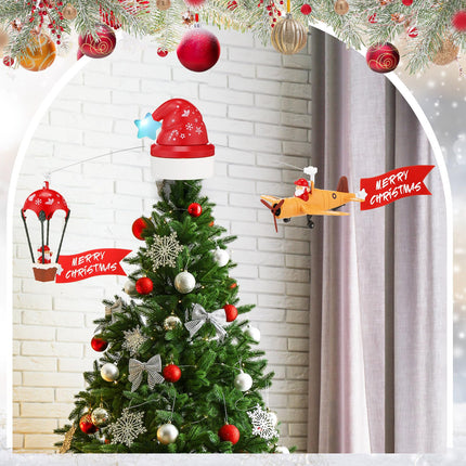 Christmas Animated Tree Topper with Banner Christmas Santa's Hot Air Balloon and Plane with Banner Funny Christmas Tree Topper Christmas Tree Decorations