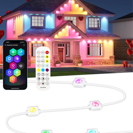 50FT Permanent Outdoor Lights, 63 Scene Modes Smart RGBW Outdoor Christmas Lights with Remote APP Control, IP67 Waterproof LED Eaves Lighting for Halloween Party, Daily, Garden Decor