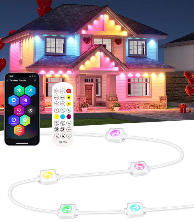 50FT Permanent Outdoor Lights, 63 Scene Modes Smart RGBW Outdoor Christmas Lights with Remote APP Control, IP67 Waterproof LED Eaves Lighting for Halloween Party, Daily, Garden Decor