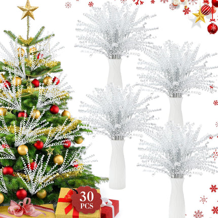 Tigeen 30 Pcs 16.5" White Christmas Tree Curly Picks Sprays Artificial Glitter Stems Glittery Twigs Branches for Christmas Tree Ornament Vase Filler DIY Garland Wreath Crafts Holiday Home Decor