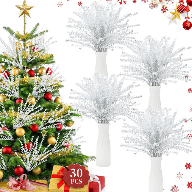 Tigeen 30 Pcs 16.5" White Christmas Tree Curly Picks Sprays Artificial Glitter Stems Glittery Twigs Branches for Christmas Tree Ornament Vase Filler DIY Garland Wreath Crafts Holiday Home Decor