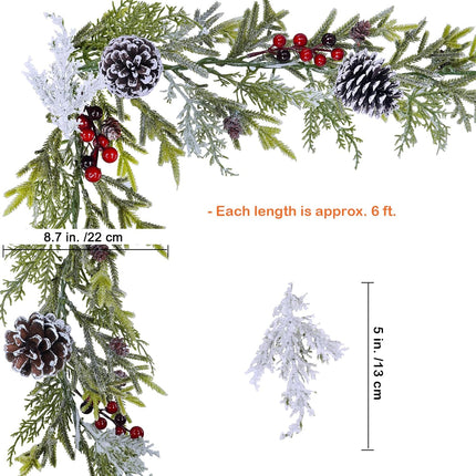 Winlyn 2 Pack 6' Snowy Artificial Pine and Cedar Christmas Garland Pine Cones Red Berries Winter Greenery Garland Christmas Wedding Winter Seasonal Holiday Table Runner Centerpiece Mantel Decoration