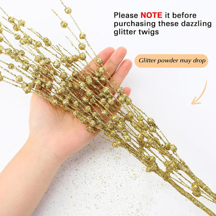 Geosar 14 Pcs Long Artificial Glitter Berry Stem Ornaments 28 Inch Fake Christmas Picks Christmas Tree Decoration Stems Xmas Decorative Bead Sticks Glittery Twig Branches for DIY Wreath Decor (Gold)
