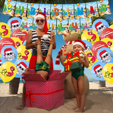 32 Pieces July Christmas Party Supplies Including Tropical Christmas Party Banner July Summer Latex Balloon Printed Santa Flamingo Tropical for Hawaiian Beach Party Summer Holiday Party Supplies