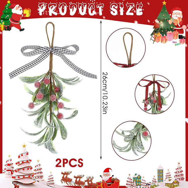 2 Pcs Christmas Mistletoe Decor, Xmas Mistletoe Hanging Ornament with Plaid Bow, Artificial Red Berry Mistletoe Decorations Glitter Christmas Tree Accessories Mistletoe Kissing Ball(Red+White)