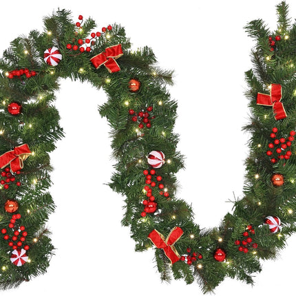 Dolicer 9 FT Artificial Christmas Garland, Christmas Garland with 50 LED Lights, Garlands for Decoration Christmas with Red Berries Christmas Balls Bowknots for Xmas Mantle Table Indoor Outdoor Decor
