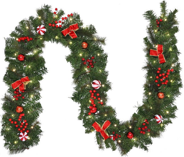 Dolicer 9 FT Artificial Christmas Garland, Christmas Garland with 50 LED Lights, Garlands for Decoration Christmas with Red Berries Christmas Balls Bowknots for Xmas Mantle Table Indoor Outdoor Decor