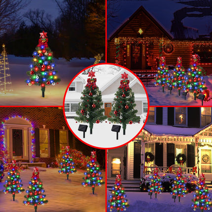 Solar Christmas Tree Garden Stake Lights, 136LED Christmas Solar Lights Outdoor Waterproof with 8 Lighting Modes, Small Solar Powered Christmas Tree for Garden Yard Pathway Patio Decoration, 2 Packs