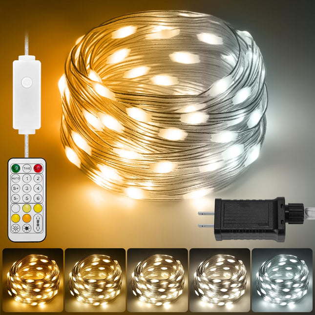 HOUHUI Fairy Lights Plug In, 50Ft Warm to Cool White Indoor Outdoor String Lights with Remote, 8 Modes 2700K-6500K Dimmable White Fairy Twinkle Lights IP67 Waterproof for Christmas Bedroom Party Decor