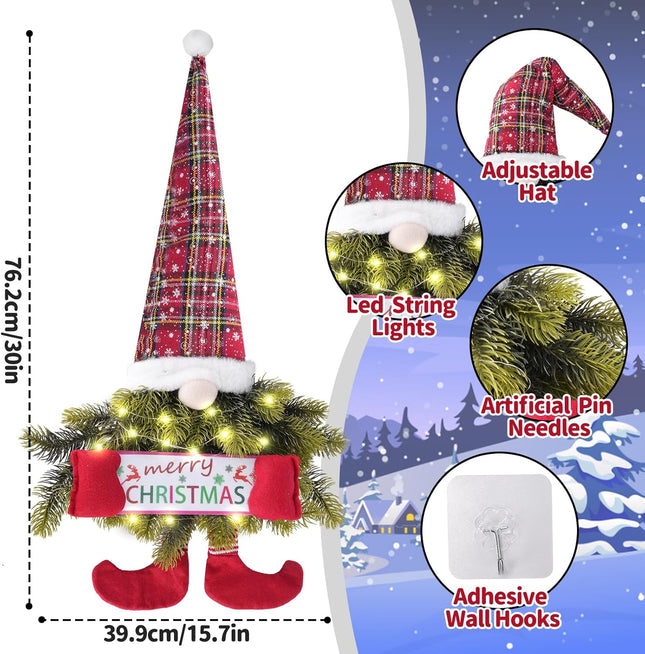 30 Inch Christmas Wreath Gnome,Pine Needle Swedish Tomte Christmas Wreath,Festive Hanging Ornament with LED String Lights for Front Door,Window,Porch,Indoor/Outdoor Xmas Decoration