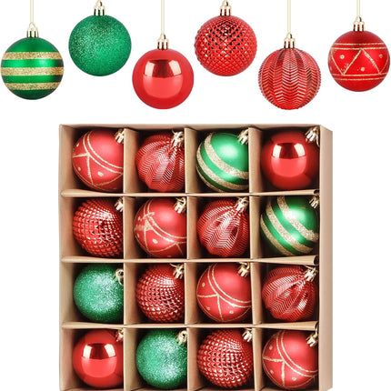 16Pcs Christmas Tree Ball Ornament Set - Red and Green, Shatterproof Decorations for Xmas Tree, Holiday Garland & Wreath. Hooks Included