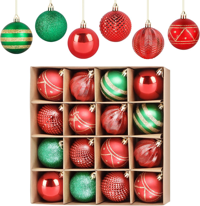 16Pcs Christmas Tree Ball Ornament Set - Red and Green, Shatterproof Decorations for Xmas Tree, Holiday Garland & Wreath. Hooks Included