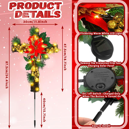 Ganeen 2 Pcs Solar Stake Christmas Outdoor Decorations Christmas Yard Stake Decor LED Lights Cemetery Grave Cross Stake Christmas Poinsettia Decor for Holiday Garden Pathway Lights (Poinsettia)