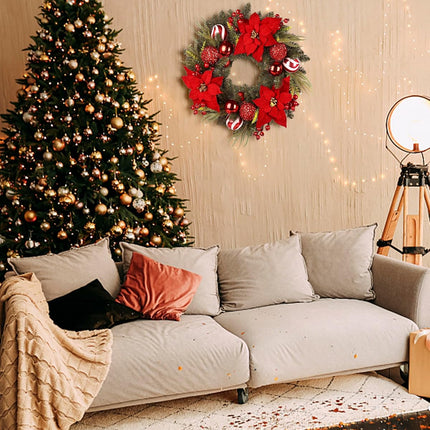 24 Inch Christmas Wreath, Artificial Christmas Wreath for Front Door, Decorated with Cypress Leaves, Christmas Flowers, Red Berries, Atmosphere Balls, Suitable for Indoor and Outdoor