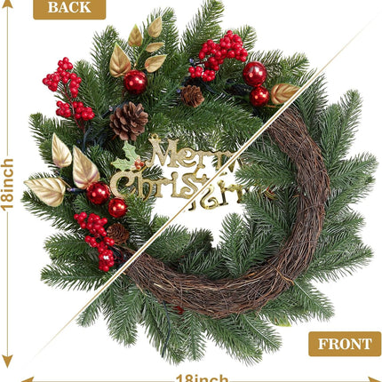 18 Inch Christmas Wreaths for Front Door, Lighted Outdoor Christmas Wreath with 40 LED Lights Timer Pine Cones for Window Fireplace Winter Xmas Decorations, Battery Operated