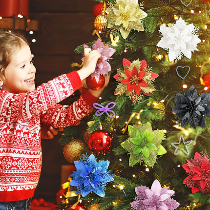 15 Pcs Christmas Flowers Artificial Poinsettia Flower Decorations with Clips and Stems, Glitter Christmas Poinsettia Decorations, Christmas Tree Ornaments for Party Wreath DIY（Black）